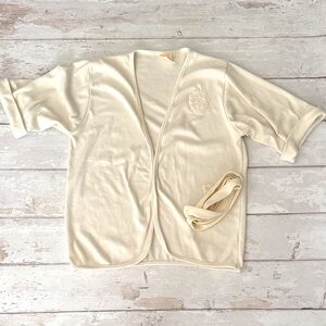Women’s Size 6 Cream Colored Cardigan Sweater Rose On Lapel Waist Tie